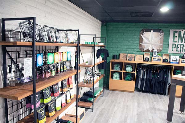 View of marijuana products displayed on shelves in cannabis shop near South Winds, Oxnard CA.