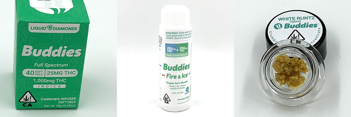Gel caps, cannabis crumble, and topical product for Agoura Hills Buddies brand cannabis delivery service.