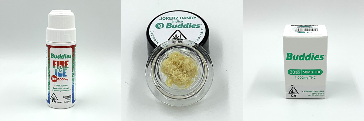 A topical, concentrate, and gel caps ordered for Buddies brand cannabis delivery near Malibu, California.