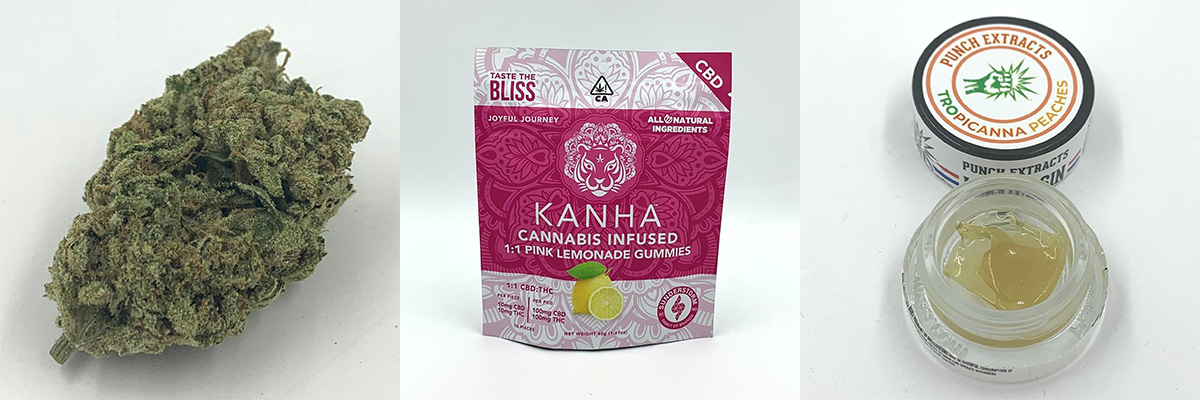 A flower bud, Kanha edibles bag, and Punch Extracts concentrate, some of our best deals on Marijuana near Camarillo, California.