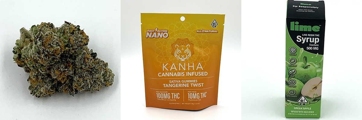 Cannabis flower, Kanha Weed Gummy Bag, and Lime THC Syrup, available at our top marijuana store near Bubbling Springs, Port Hueneme, California.